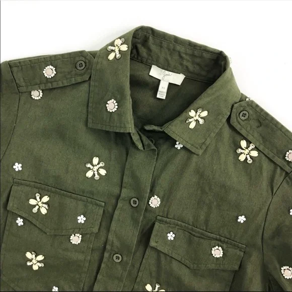 Joie bead embellished military olive green Hayfa shirt button down top XS - Picture 3 of 12